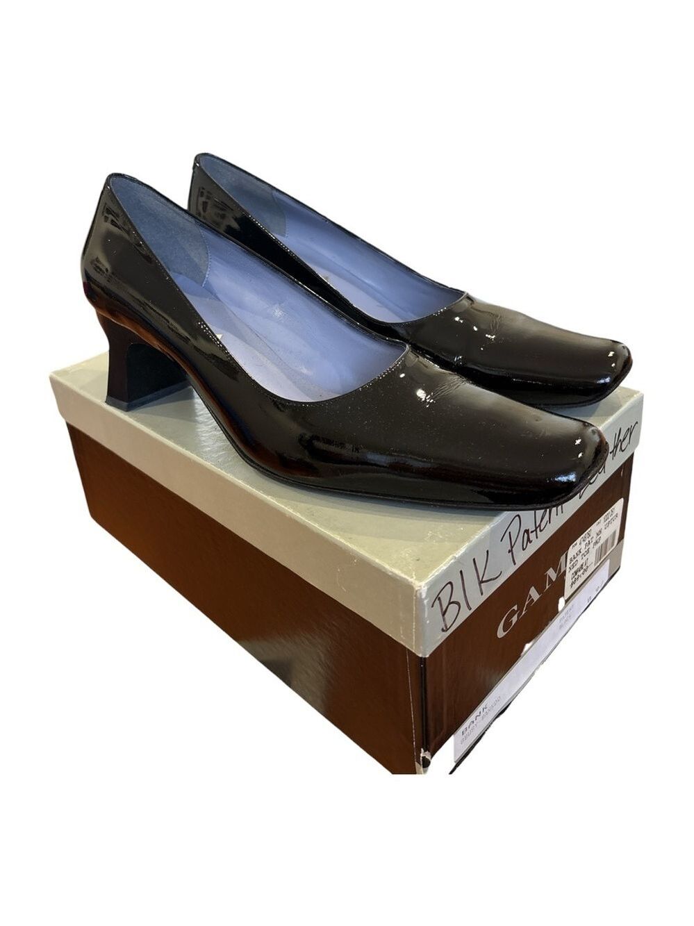 80s GAMA MADE IN ITALY BLACK PATENT LEATHER FLARED BLOCK HEEL COURT SHOE SZ 9.5 - Picture 2 of 9